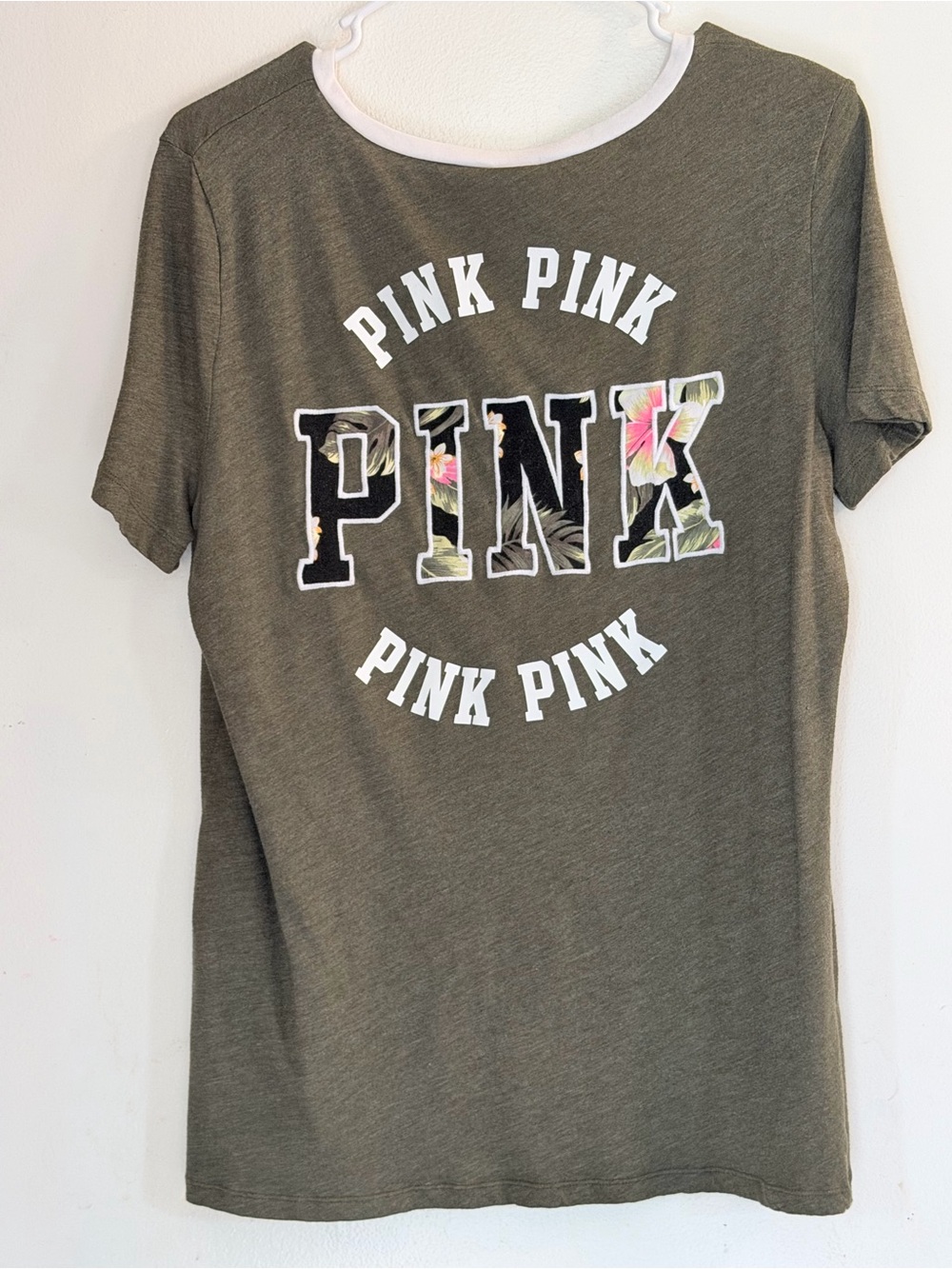 PINK Graphic Tee in Olive with White Logo - Picture 2 of 4